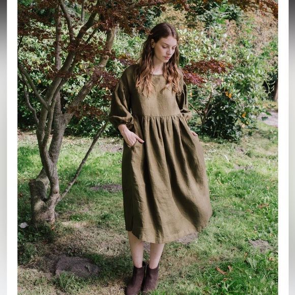 Not Perfect Linen Montmarte Dress - Loden Check Linen - S - Picture 8 of 10